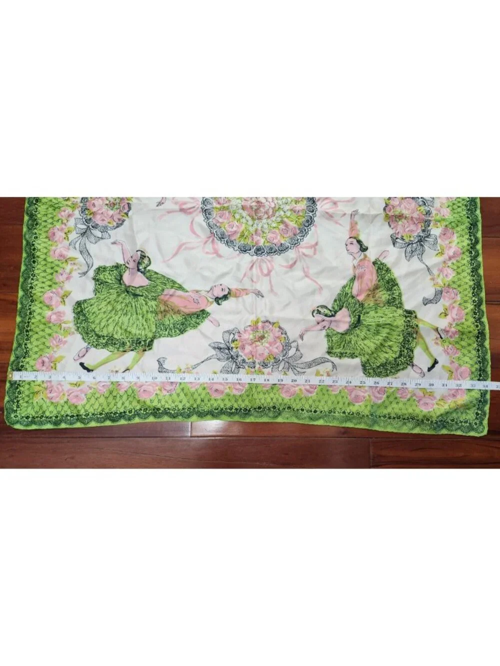 Vintage Silk Scarf Green Pink Floral Ladies Novelty Print Large Square 33x34''